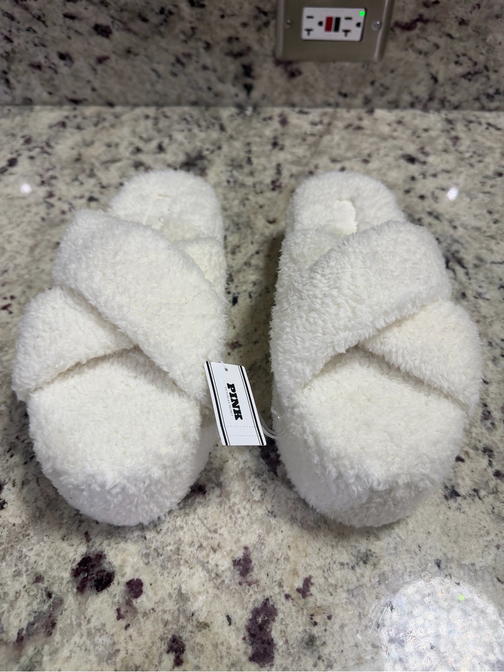 PINK Victoria's Secret Plush Sherpa Crisscross Slide Slippers in White